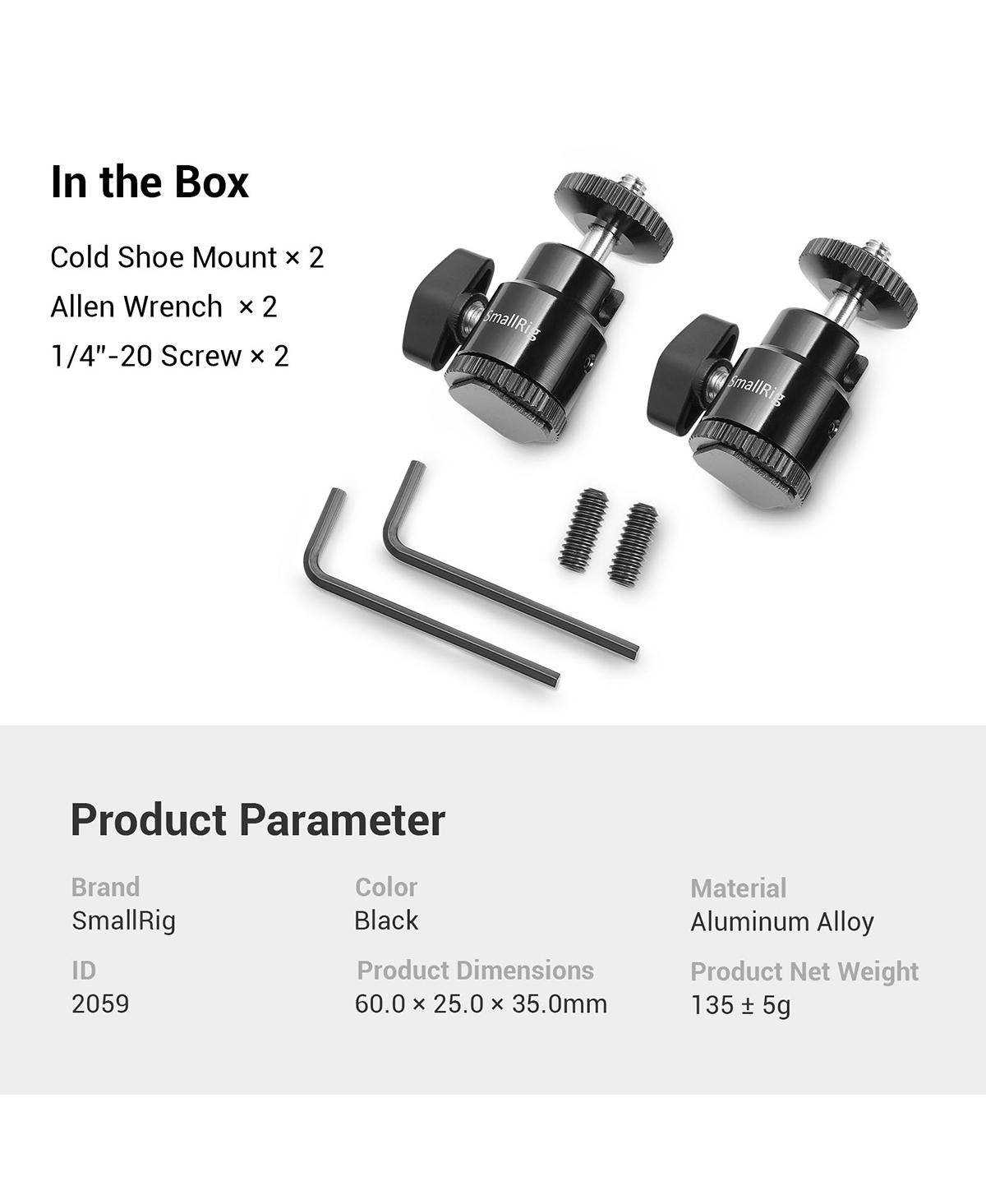 SmallRig 1/4" Camera Hot Shoe Mount with Additional 1/4" Screw, 2-Pack