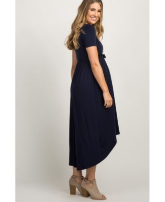 Navy Blue Solid Hi-Low Maternity Wrap Dress