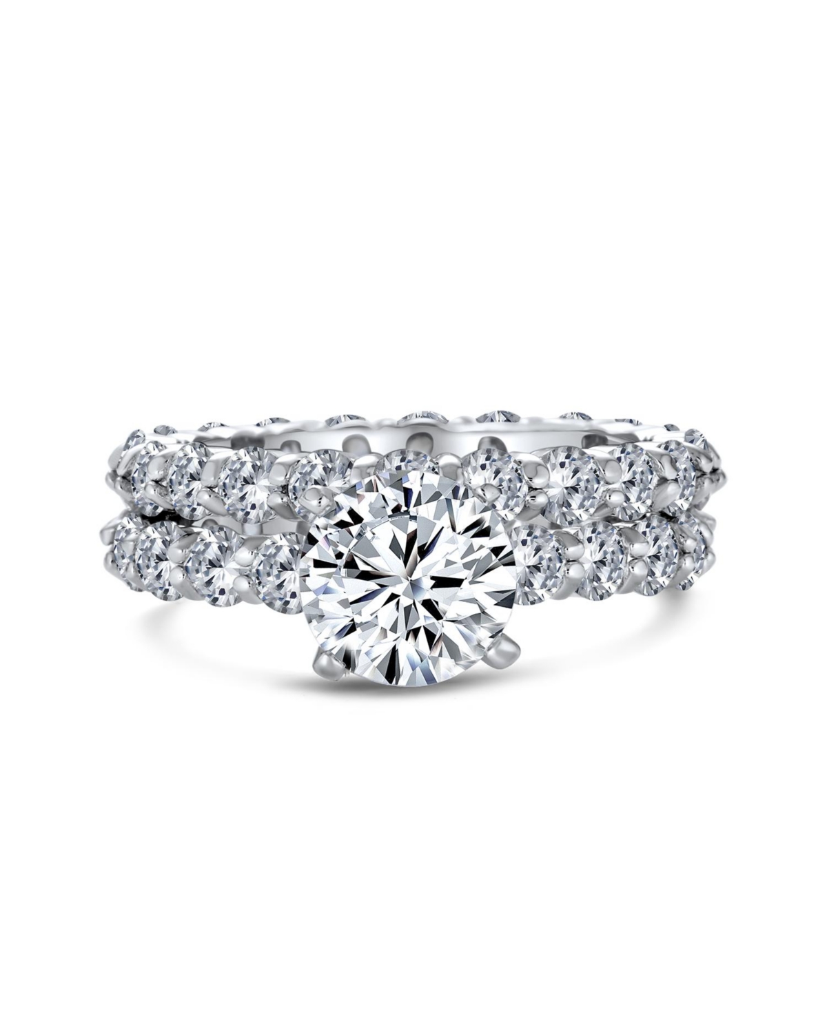 Bling Jewelry Sterling Silver 3CT Round Cz Solitaire & Cubic Zirconia Pave Eternity Band Ring Set – 6-Prong Design