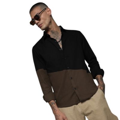 Men's Black & Olive Green Contrast Panel Shirt