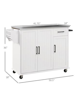 White Rolling Kitchen Island: Stainless Top, 3 Cabinets