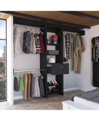 1Pc Black MDF Shelves & 3 Metal Rods Closet System with Drawer