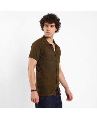 Men's Mocha Brown Harlequin-Textured Knit Shirt