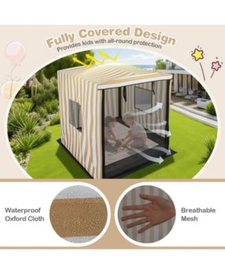 Kids Wooden Sandbox with Canopy Mesh Door Windows Bench Seats Foldable Storage Box