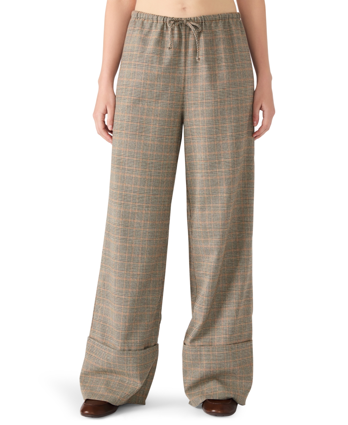 Steve Madden Idra Plaid Wide Leg Drawstring Pants In Brown