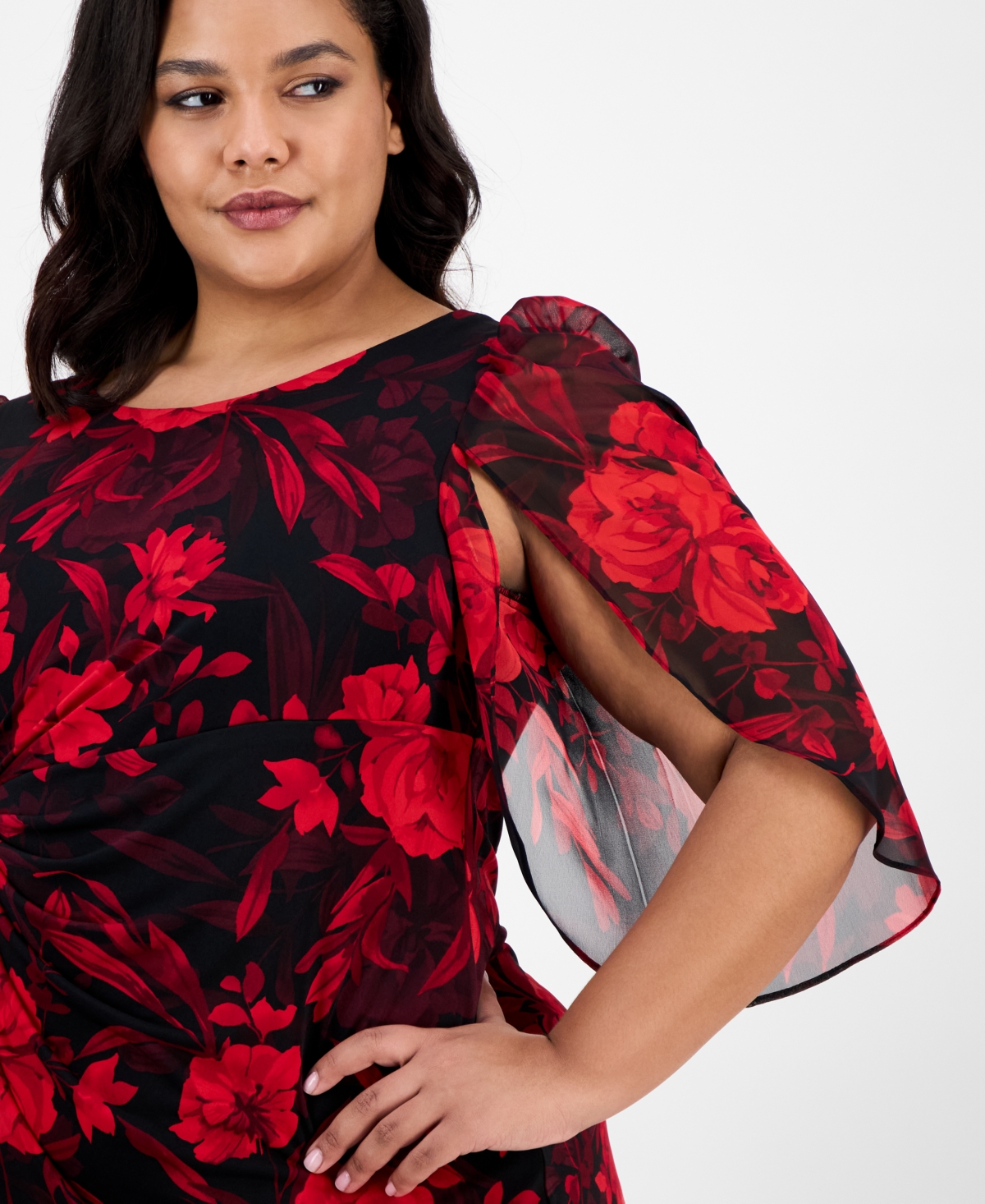 Connected Plus Printed Cape-Sleeve Sheath Dress