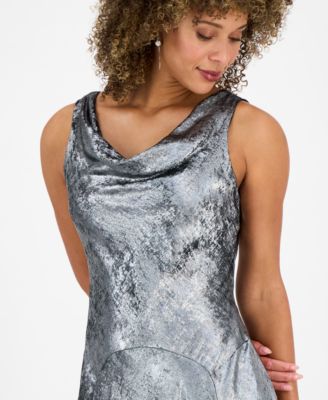 Petite Foil Asymmetric-Hem Cowl Neck Midi Dress