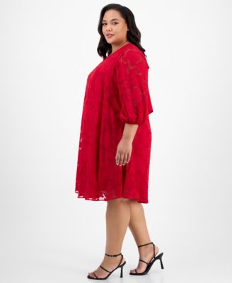Plus Size Floral Burnout Blouson-Sleeve Shift Dress