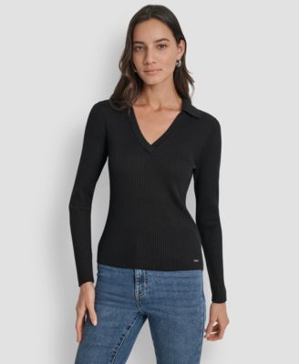DKNY Jeans - Petite Ribbed Johnny-Collar Sweater