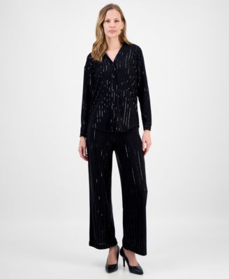 Anne Klein Womens Metallic Stripe Blouse Wide Leg Pants In Black