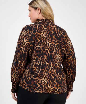 Plus Size Printed-Chiffon Smocked-Cuff Blouse