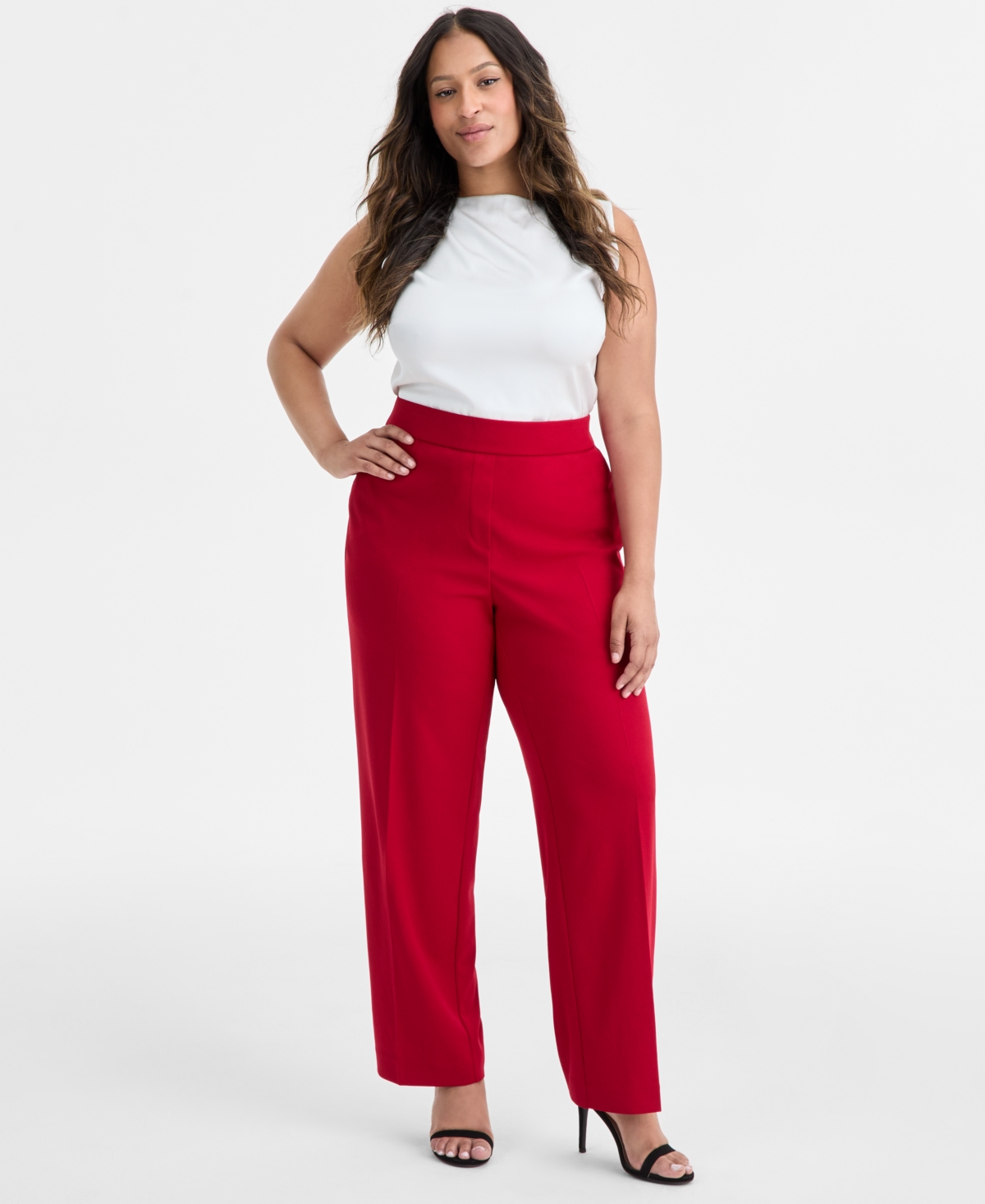 Ak Anne Klein Plus Size Pull-on Mid-rise Straight-leg Pants In Red