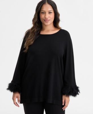 Plus Size Feather-Cuff Sweater & Pull-On Pants