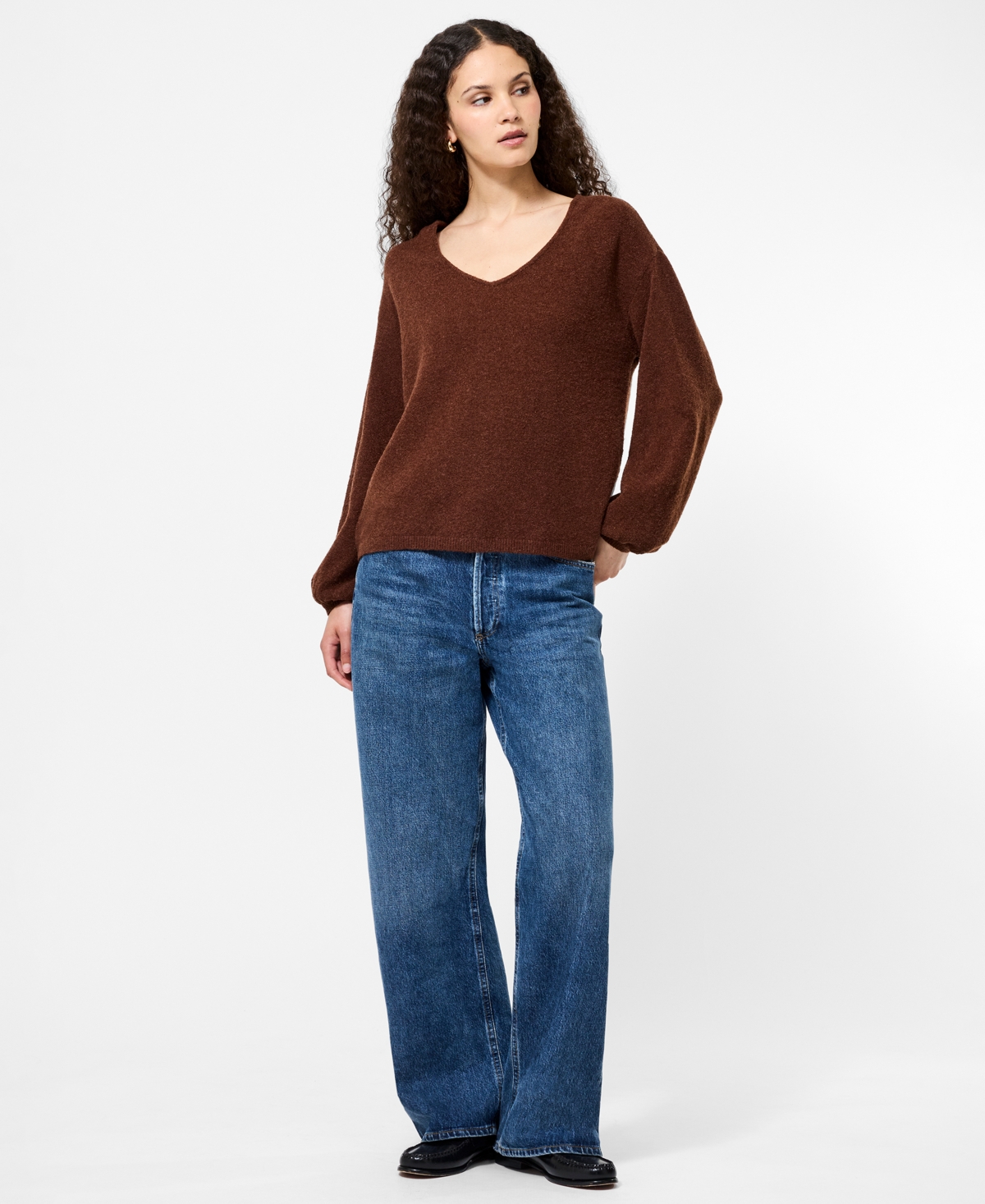 French Connection Vhari Knit V Neck Pullover Sweater In Brown