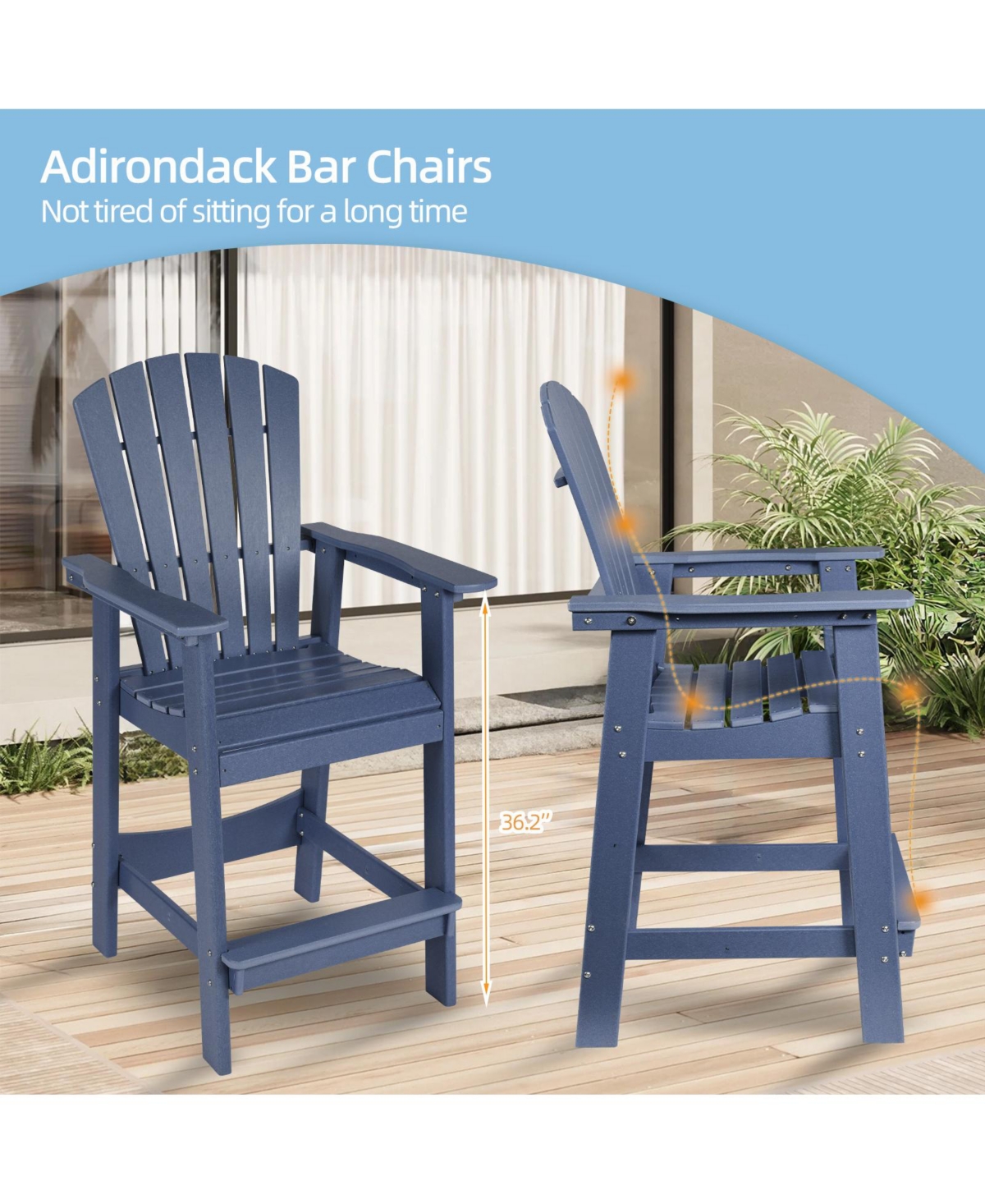 Aoodor Tall Adirondack Chair Hdpe Bar Stool with Connecting Tray for Lawn Backyard Garden, Set of 2