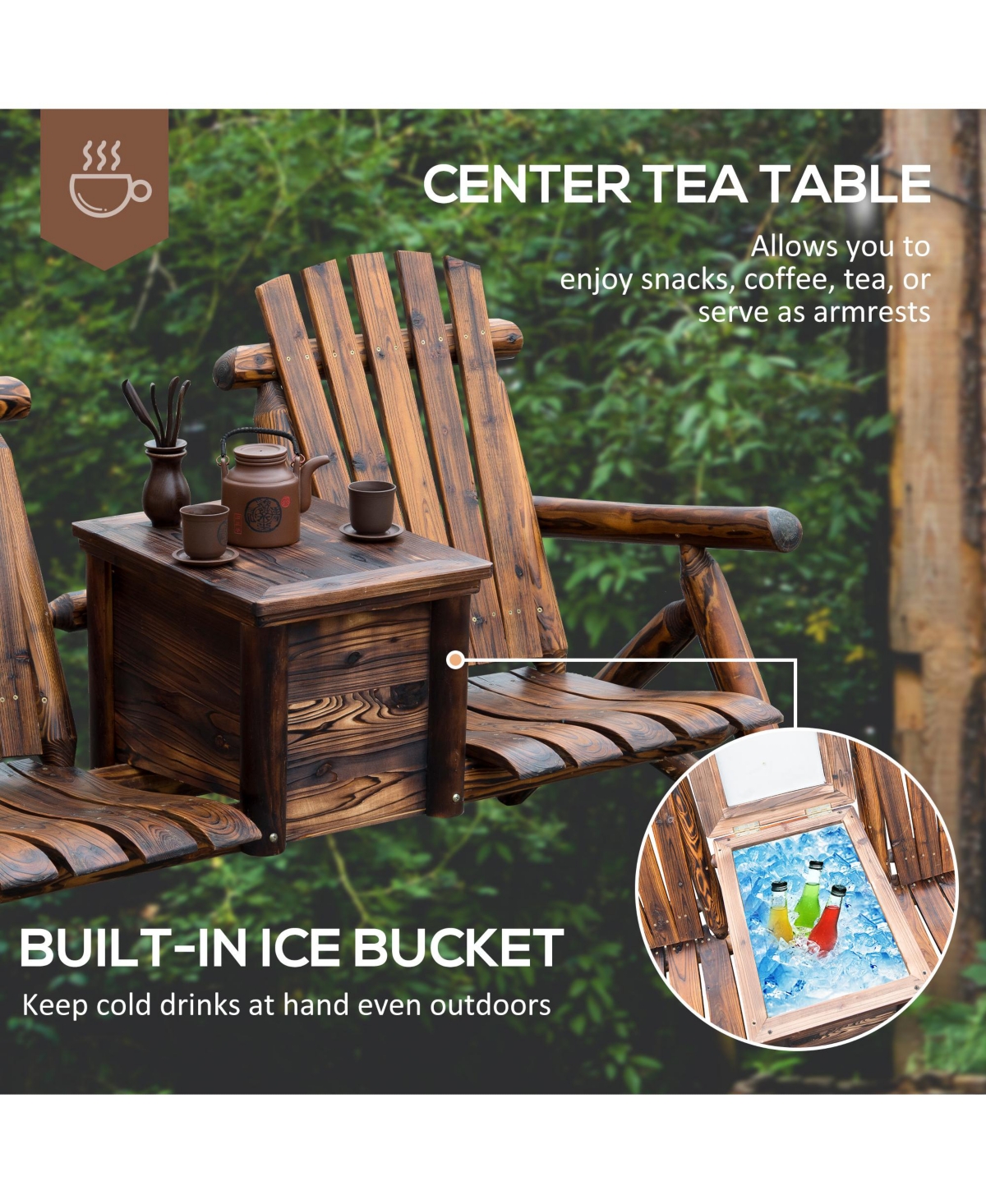 Outsunny Double Adirondack Chair Loveseat w/ Table & Ice Bucket, Varnished Wood