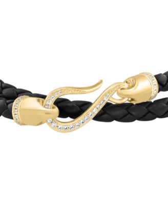 White Zircon Black Leather Bracelet (3/4 ct. t.w.) in Gold Plated Silver