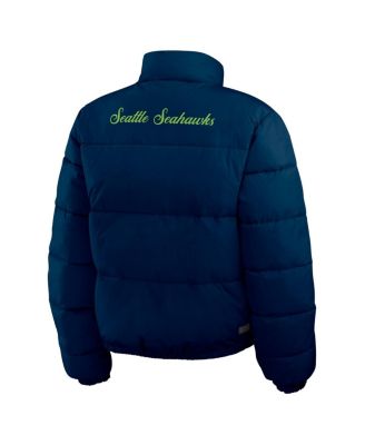 Women's College Navy/White Seattle Seahawks Reversible Cropped Full-Zip Puffer Jacket