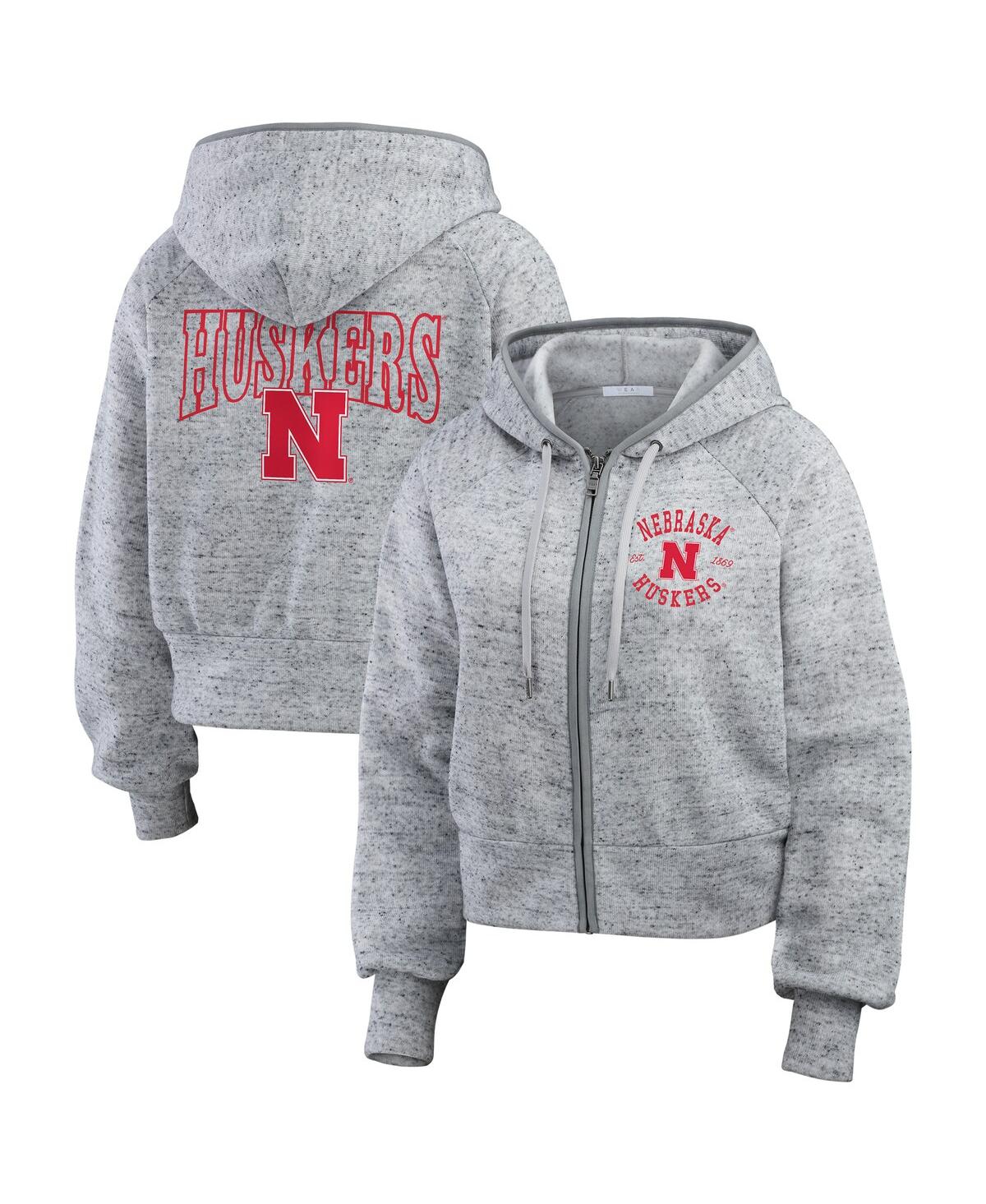 Wear by Erin Andrews Women's Heather Gray Nebraska Huskers Speckle Double-Hit Raglan Full-Zip Hoodie