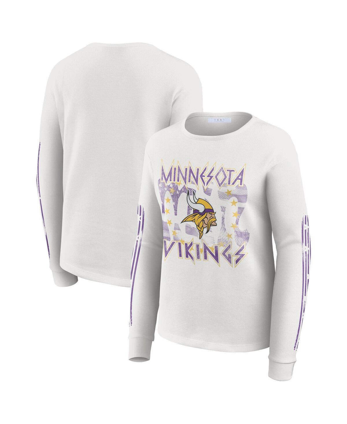 Wear by Erin Andrews Women's White Minnesota Vikings Graphic Waffle Long-Sleeve T-Shirt