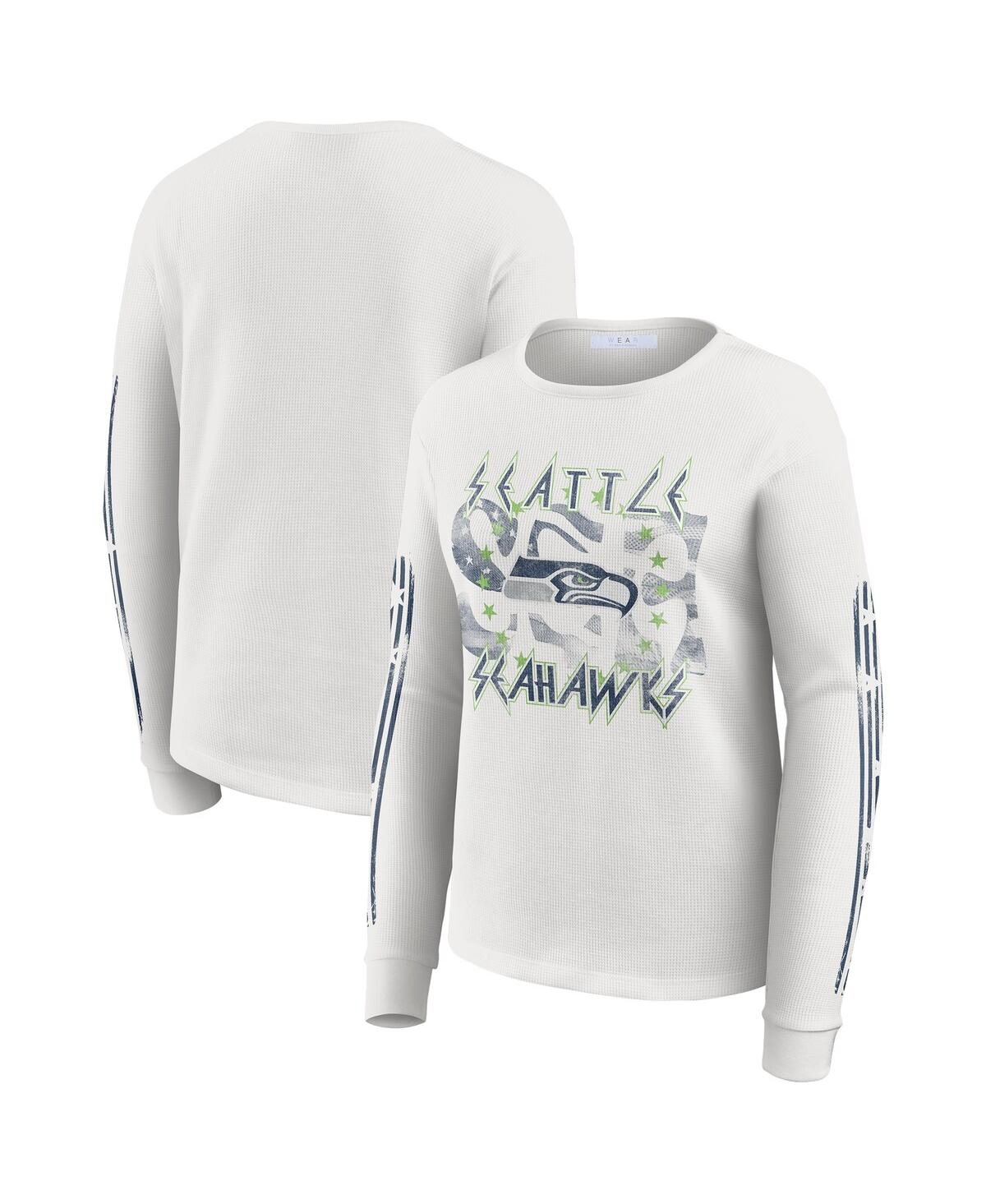 Wear by Erin Andrews Women's White Seattle Seahawks Graphic Waffle Long-Sleeve T-Shirt