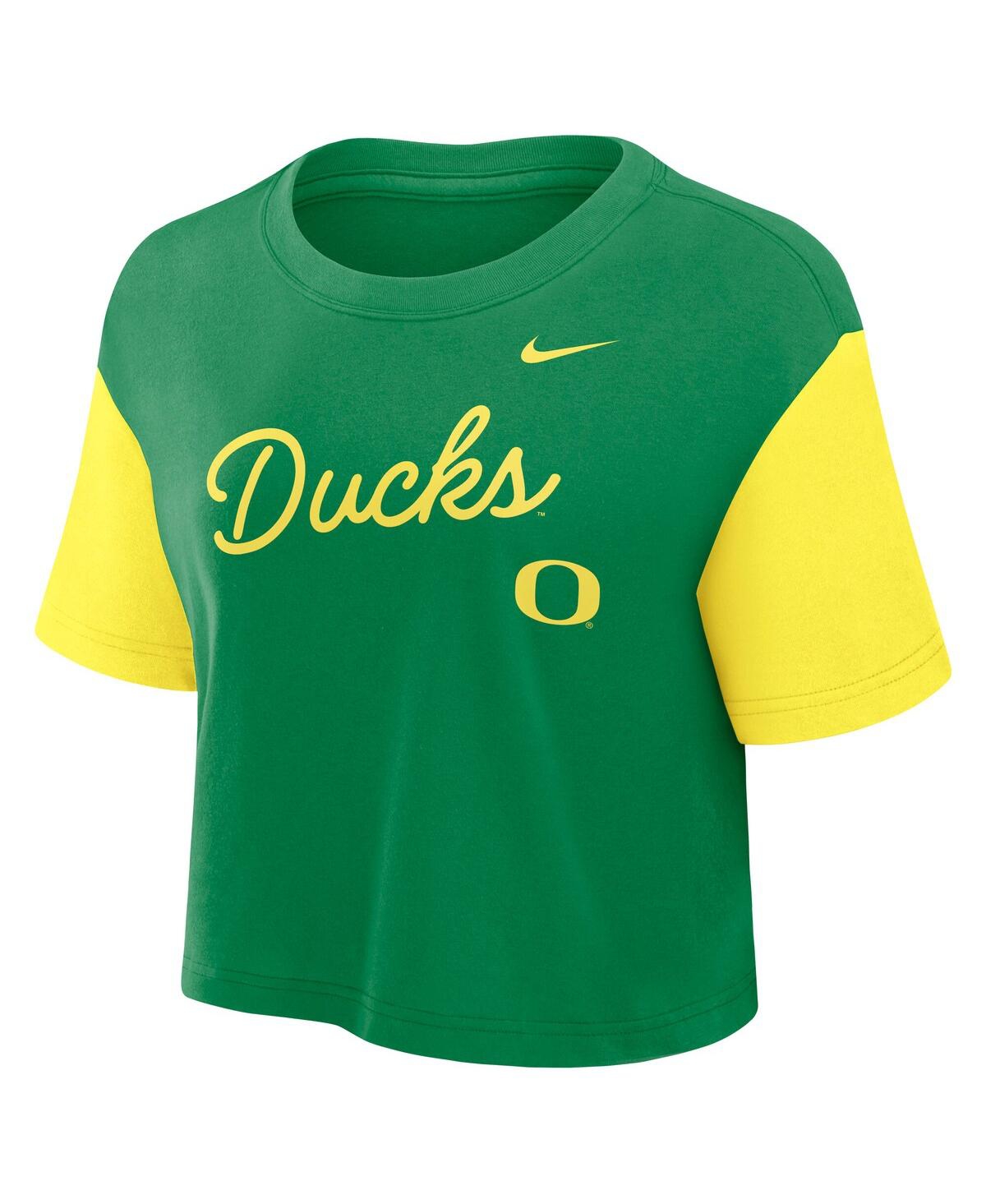 Nike Women's Green/yellow Oregon Ducks Color-block Script Dri-fit Cropped T-shirt In Green