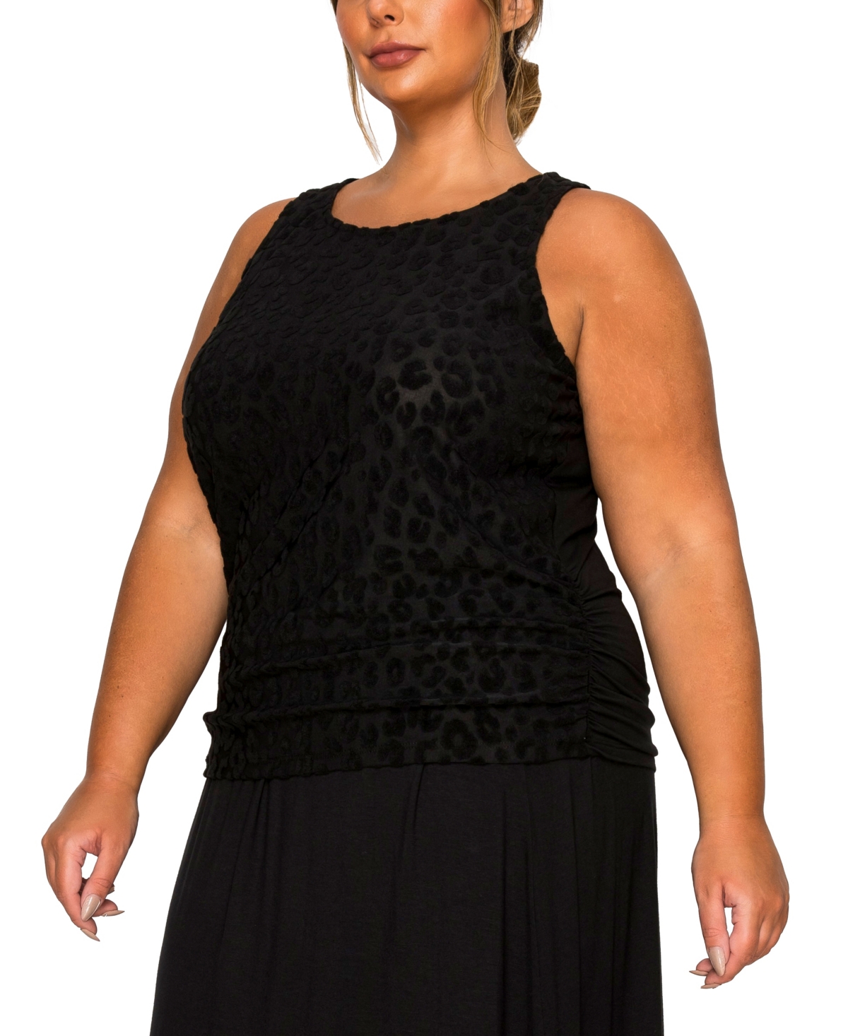 Coin 1804 Plus Size Cheetah Burnout Side Ruched Tank Top In Black