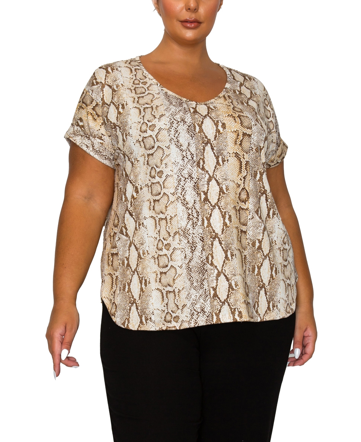 Coin 1804 Plus Size Python Rolled Short Sleeve Top In Brown