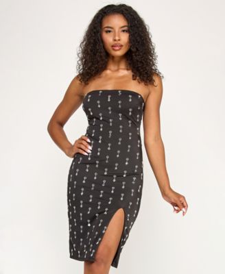 Juniors' Beaded Satin Strapless Back Midi Dress