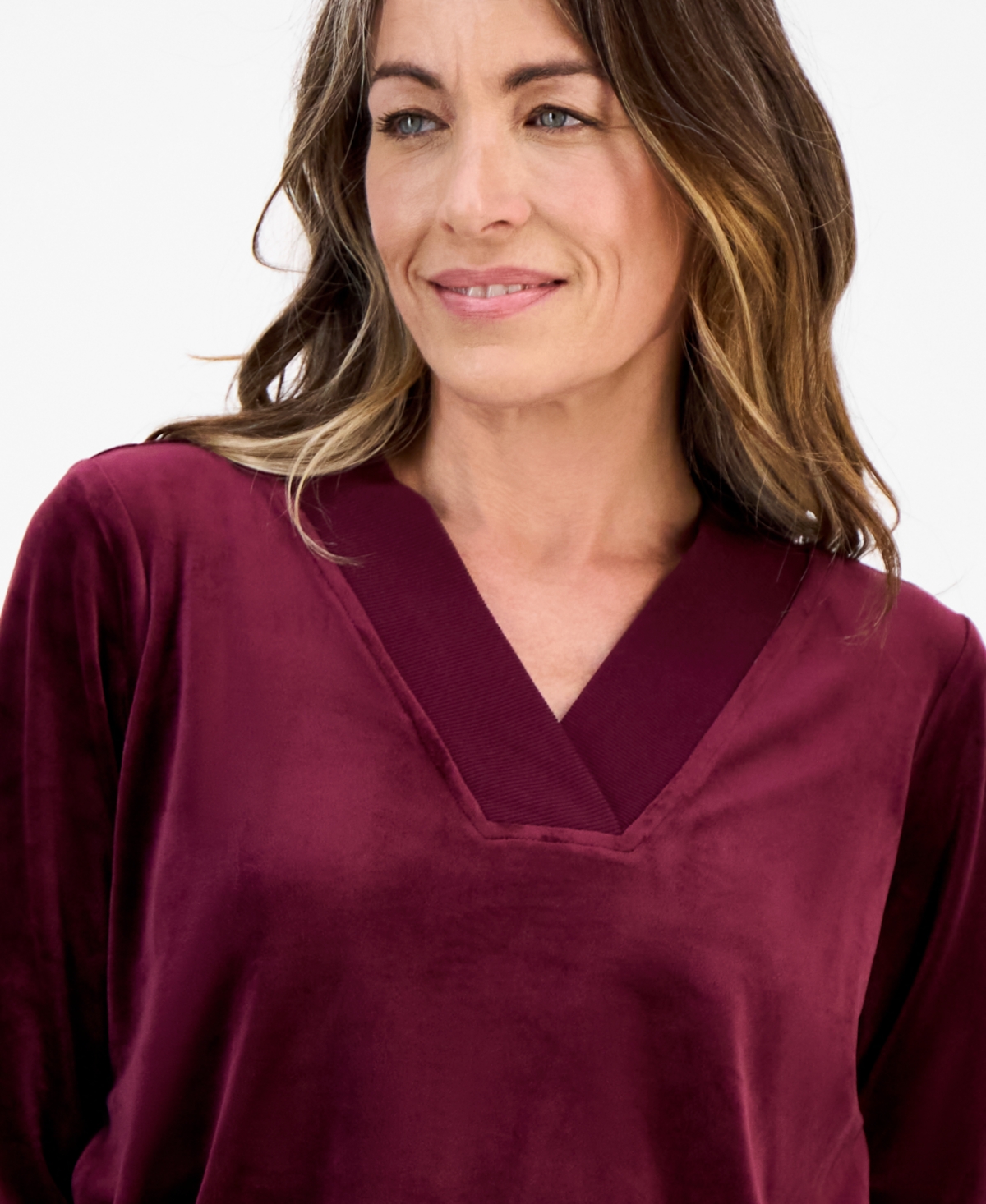 Style & Co Petite Easy V-neck Long-sleeve Velour Top, Macy's Exclusive In Burgundy