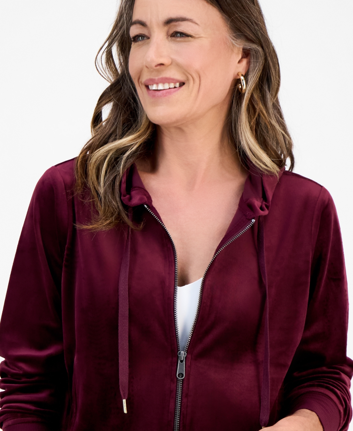 Style & Co Women's Velour Zip-up Hoodie, Macy's Exclusive In Burgundy