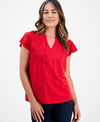 Petite Cotton Embroidered Flutter-Sleeve Knit Top, Macy's Exclusive 