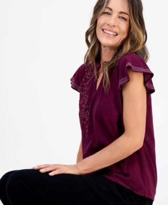 Petite Cotton Embroidered Flutter-Sleeve Knit Top, Macy's Exclusive 