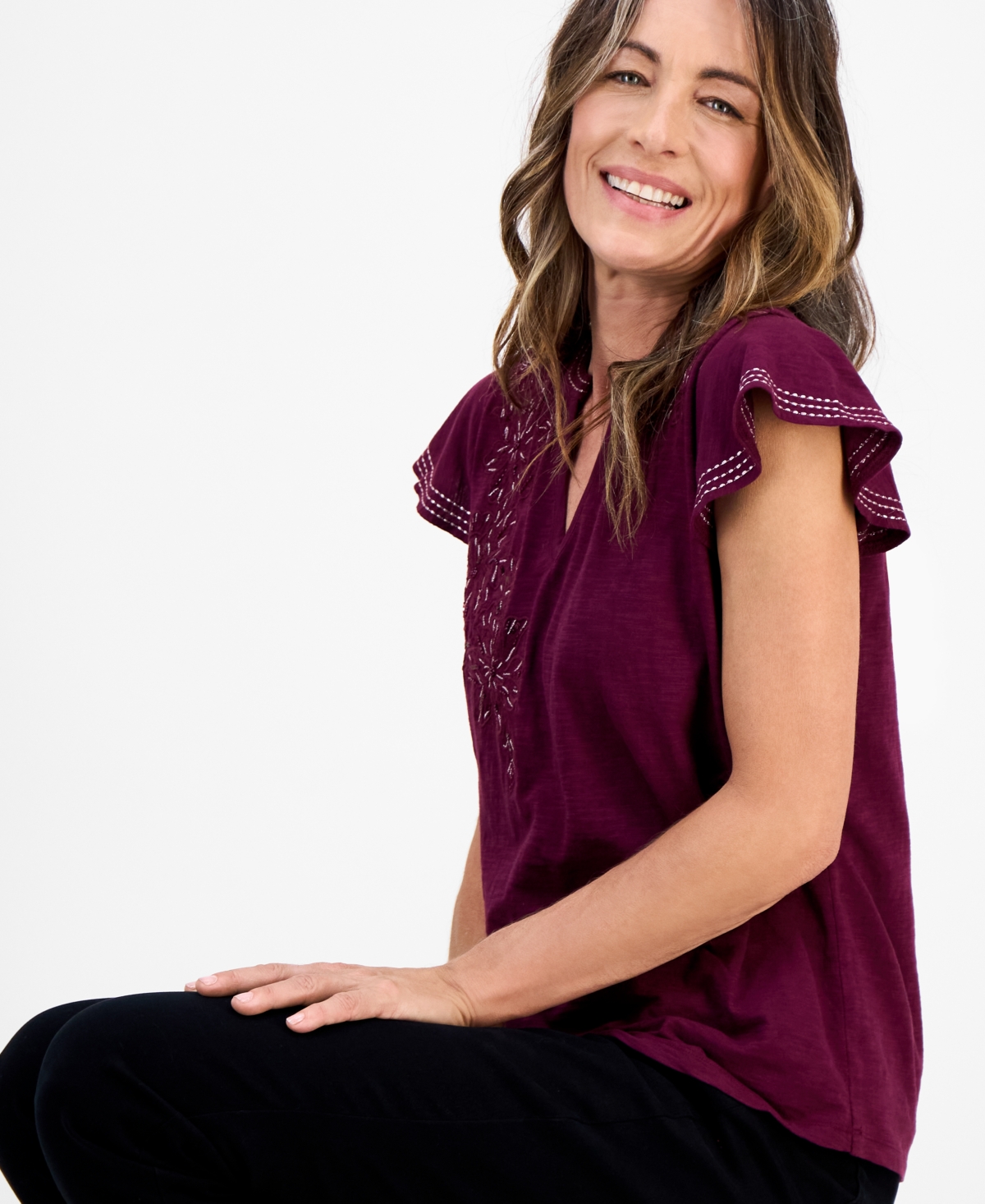 Style & Co Petite Cotton Embroidered Flutter-sleeve Knit Top, Macy's Exclusive In Burgundy