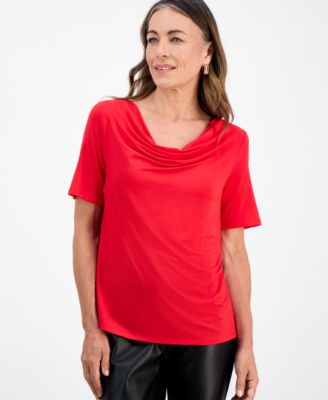 JM Collection - Petite Cowl-Neck Short-Sleeve Top