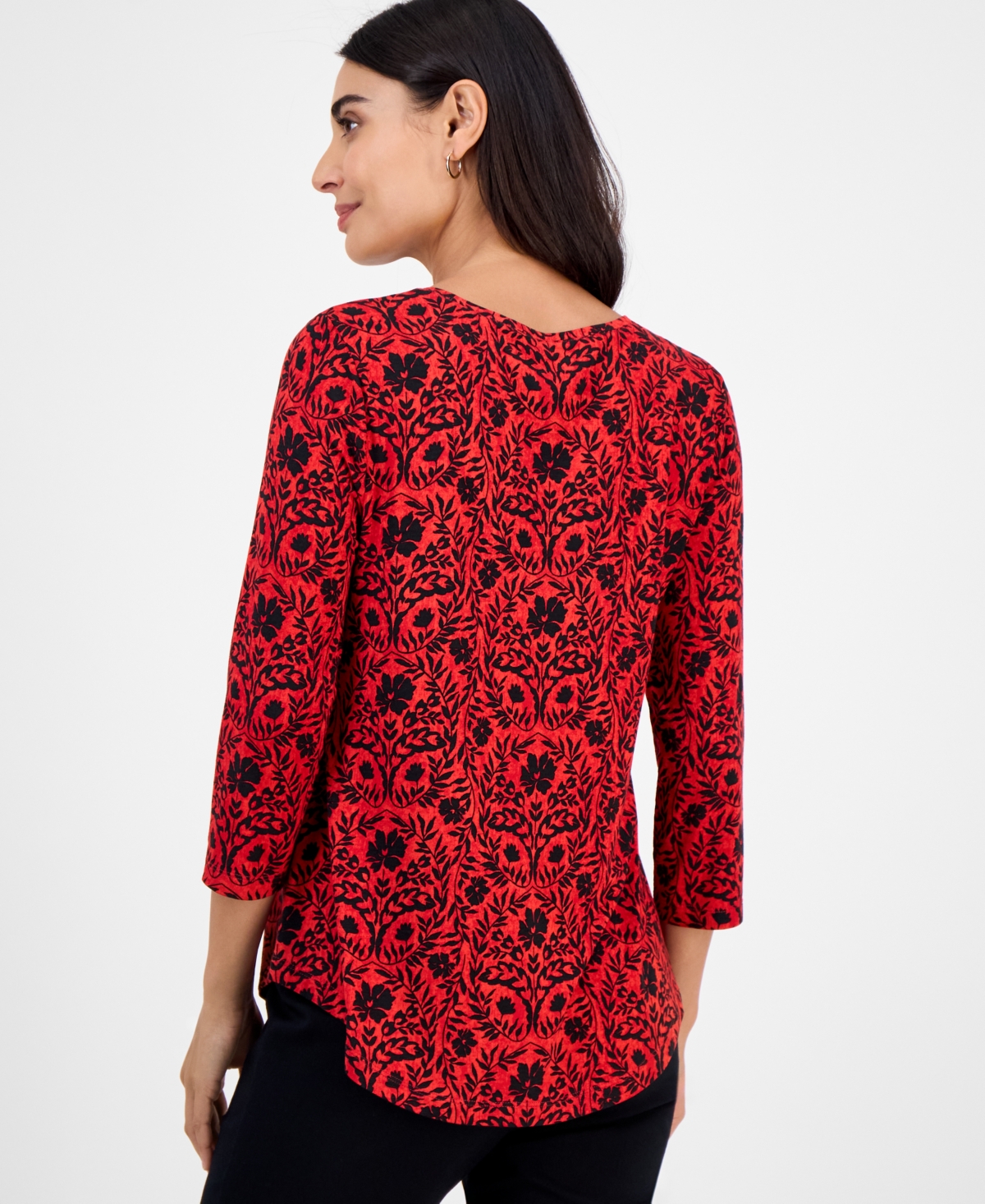 Macy's Jm Collection Petite Painted Foliage 3/4-sleeve Top,  Exclusive In Red