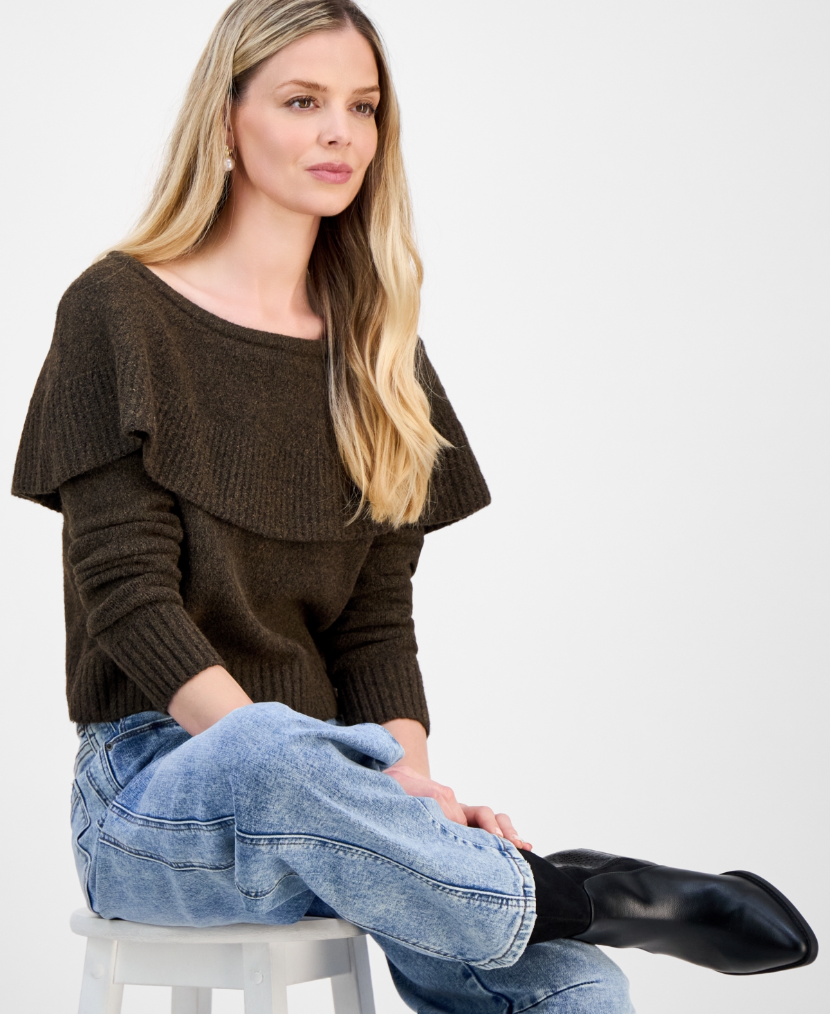 And Now This Petite Cape-overlay Long-sleeve Sweater, Macy's Exclusive In Brown