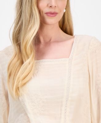 Petite Embroidered Lace-Trim Top, Macy's Exclusive