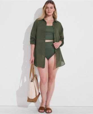 Plus Size Rayon Rib Button Down Cover-Up