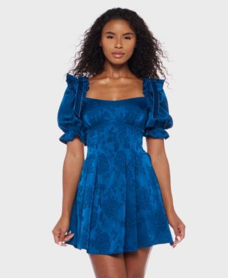 Juniors' Puff Sleeve Pleated Short Dress