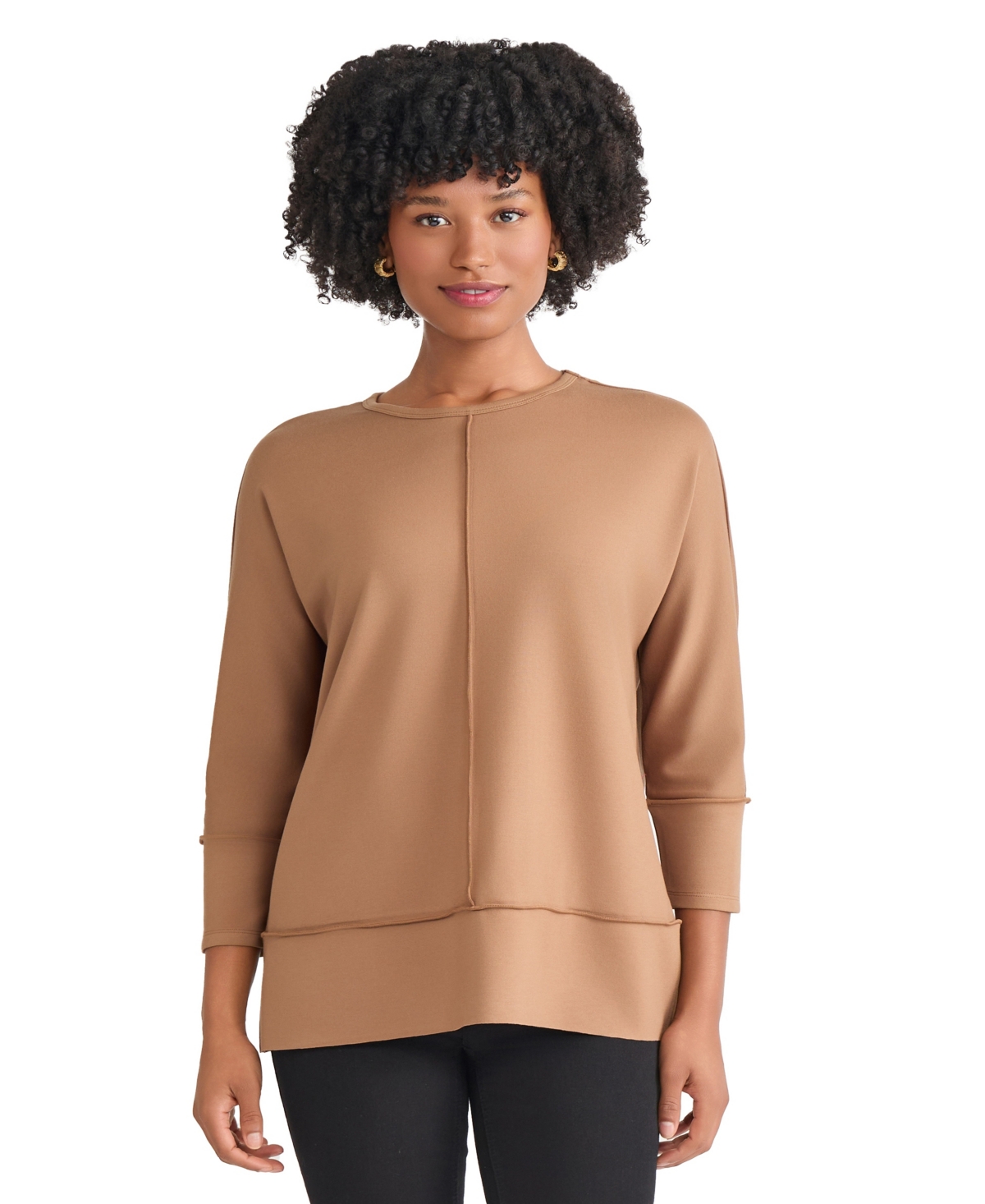Jones New York Petite Serenity Knit 3/4 Sleeve Tunic Top In Brown