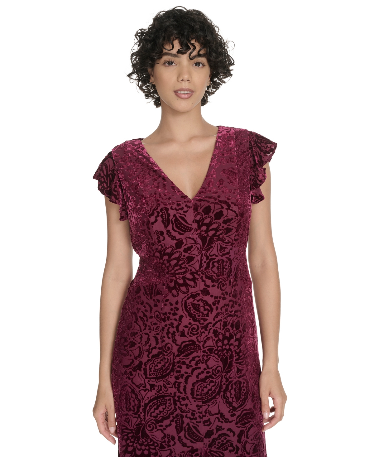 Tommy Hilfiger Women's Burnout Velvet Ruffled High-low Dress In Burgundy