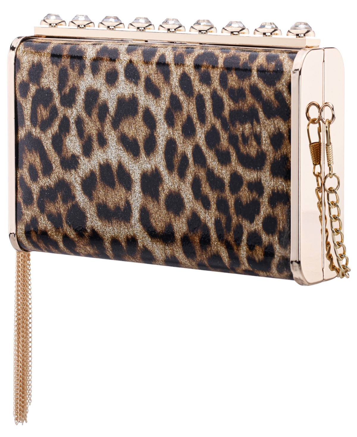 Nina Crystal Ornamented Minaudiere Tassel Lift Lock Clutch In Brown