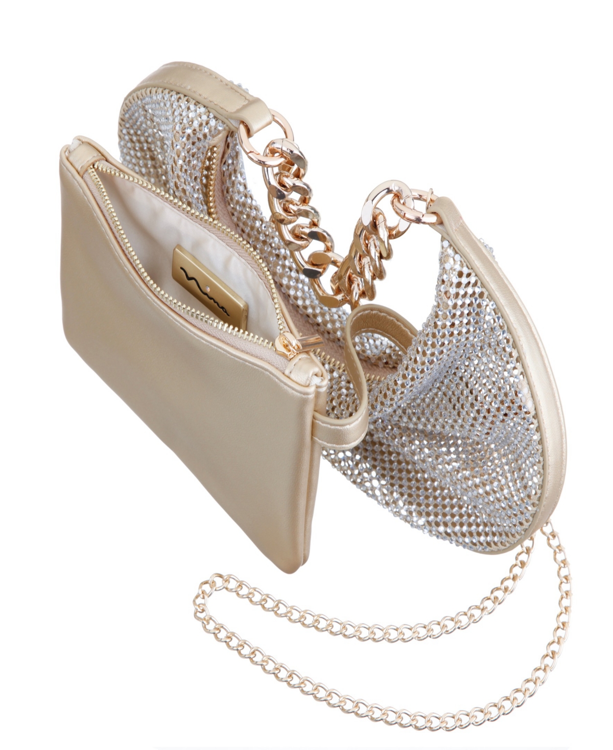 Nina Crystal Mesh Zipper Hobo Bag In Gold