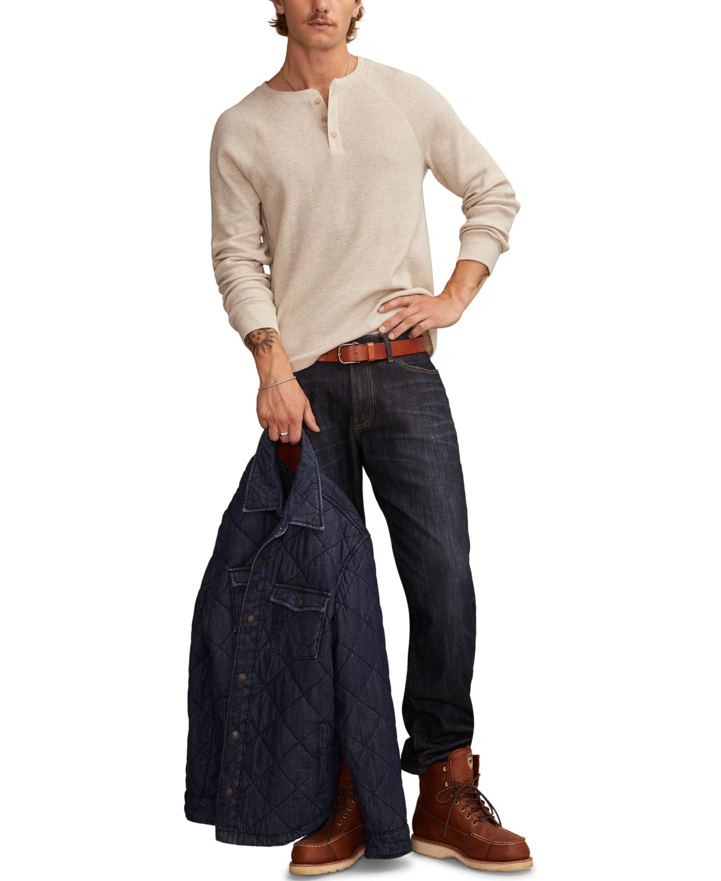 Мужская футболка Lucky Brand Birdseye Thermal Henley Long-Sleeve T-Shirt, цвет: Овсяный — фото 2