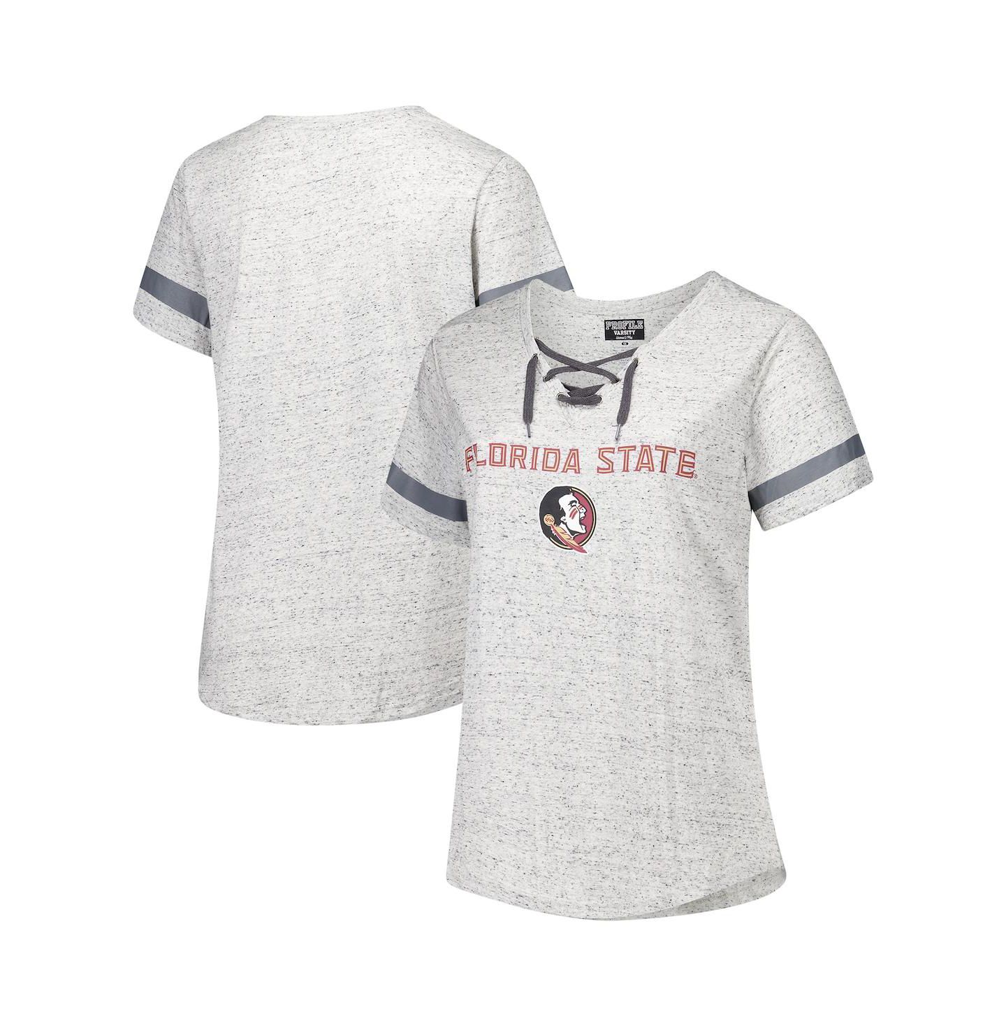 Женская футболка Fanatics Heather Gray Florida State Seminoles Plus Size Lace-Up V-Neck — фото 1