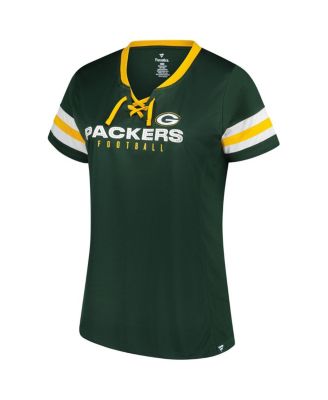 Women's Green Green Bay Packers Plus Size Rhinestone Redzone Athena Lace-Up Notch Neck T-Shirt