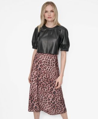 Women's Short Sleeve Jewel Neck Mixed Media Midi Dress