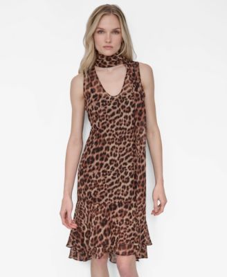 Women's Sleeveless Scarf Neck Ruffle Dress