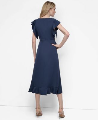 Women's Ruffle Sleeve V Neck Midi Dress